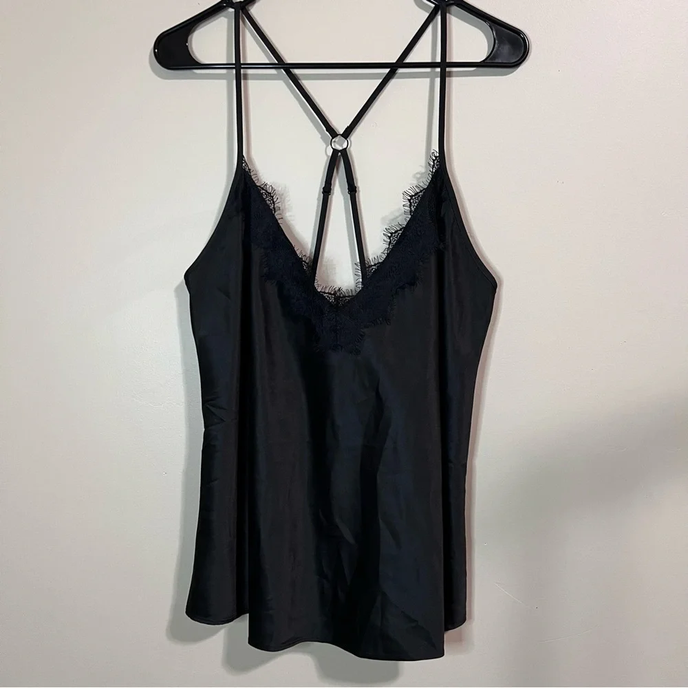 Fredericks of Hollywood Women’s Black Lace Trim Silky Tank Top Adjustable Straps